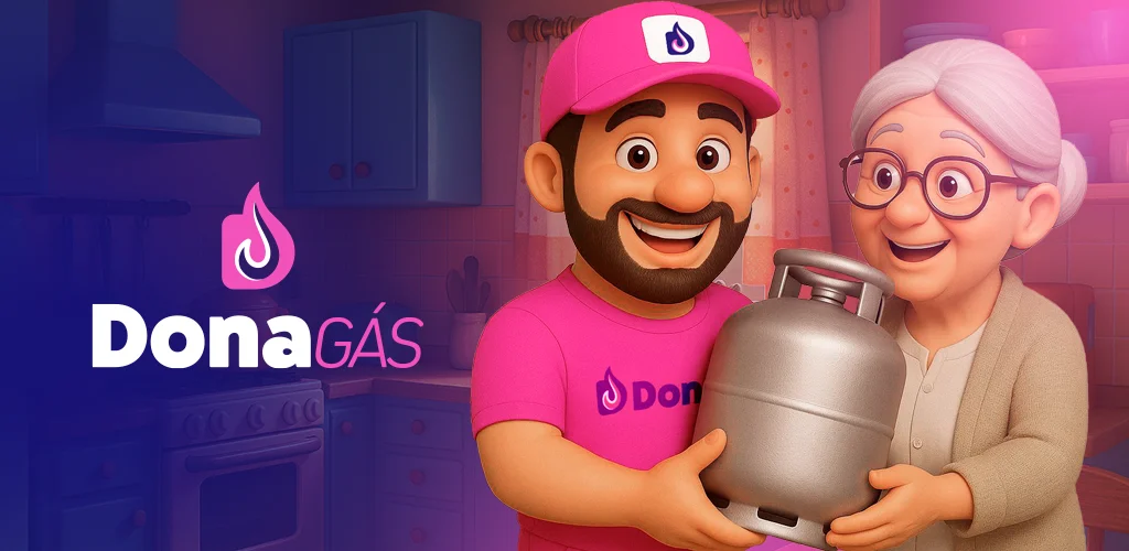 Entregador da Dona Gás entregando um botijão de gás para uma senhora sorridente na cozinha
